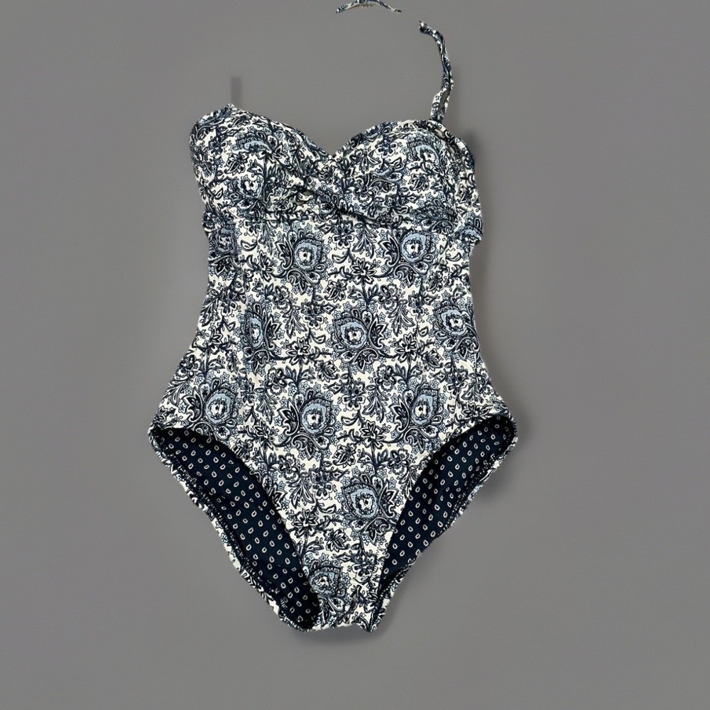 LOFT Beach One Piece Swimsuit Womens 4 Blue Floral Paisley Excellent Halter Cup